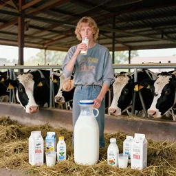 incredible absurd nihilistic surreal photoshoot advertisement for milk, people enjoying milk and dairy products in the style of tim walker, cow farm, vsco film grain