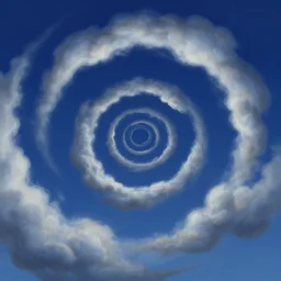 nightly, spiral, naive nerikomi, weird perspective, extra narrow, detailed illustration, by rhads from lorax movie, trending artstation, true color, fisheye, blue sky with spiral smoky clouds, curvy clouds, deep blue sky