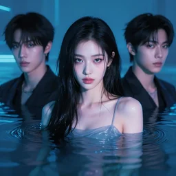 hoyeon jung emerging from ethereal water in cyberpunk theme by conrad roset, takato yomamoto, jesper ejsing, rule of thirds, seductive look, beautiful