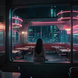 vertical movie frame portrait of girl in 5 0's retro restaurant interior, neon - decorated urban on night in the city seen through the window, modern interior design, architectural design, vintage, night blade runner, dark, postapocalyptic, clean lines, 4 k, octane, miyazaki film, lunarcore city at distance outside, big windows, octane, wide angle