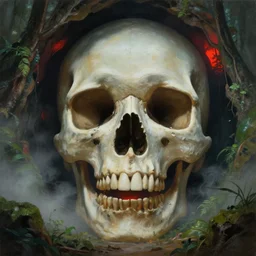 frazetta painting ,close up of oversized giant skull front view as cave entrance , foggy jungle , red sunset backlight
