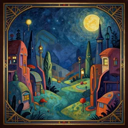 a cartoon night landscape game background in art deco surrealism expressionism, artstation