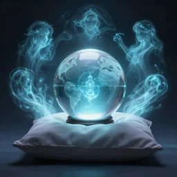 a crystal ball placed on a pillow while glowing spirits swirl around it, concept art, 4 k.