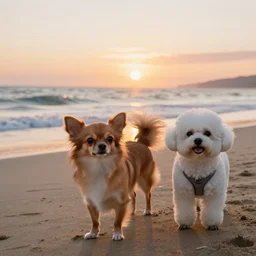 a cute brown long haired chihuahua cocker spaniel and a bichon frise at the beach. sunset, surf.
