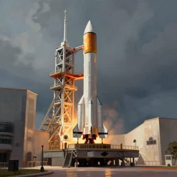 digital painting of rocket on launchpad. Art deco style.