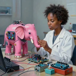 a realistic painting of a black girl scientist constrocting a biohacked pink elephant robot with a lot of button potenciometers cables and wires, display, arduino, diy, biohacking, cyberpunk, biohacking, futuristic, sci - fi, retrofuturistic, handmade guitar pedals, ultra detailed, ultra realistic, 8 k, chromatic aberration, dof
