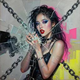 neon japaneese nymphomaniac, mixed media collage, assemblage, photomontage, minimalist, contemporary art, punk art, photorealistic, portrait, expressionism, masterpiece, dynamic composition, spectacular quality, intricate oil details, shattered glass texture, chains, smoke, harmonic colors