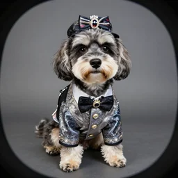 goofy dog wearing designer clothes, realistic, global illumination, post processing, wide lens camera