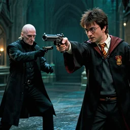harry potter gun battle with voldemort, moody lighting, dark, expressive, realistic, 4 k, realism