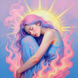 3 d, pink and blue smoke, sun rays, sleepy fashion model, poster art, flame, high detail, intricate oil painting, multiple exposure, black mood, glare, hyperrealism, 3 d, vogue cover style, by tooth wu and wlop and beeple and greg rutkowski