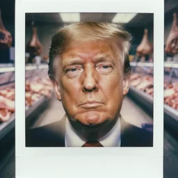 macro face shot of donald trump and a room made of full of raw meat on butchery floor, cinematic focus, polaroid photo, vintage, neutral dull colors, soft lights, foggy mist, by oleg oprisco, by thomas peschak, by discovery channel, by victor enrich, by gregory crewdson
