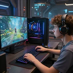 advanced civilisation boy playing game at his gaming room, close - up to the gaming setup, intricate details, led lights, sci - fi, indoor, spacious, art by filip hodas and artgerm