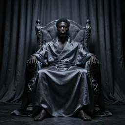 Large black man sitting on throne wrapped in silk, background made of large folding curtains, blacklight lighting, dark, hyper detailed, hyper realistic, 8K phot realistic,