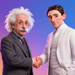 3d render of Albert Einstein and Nikola Tesla handshaking, pixar style, digital art, unreal engine 5, trending on artstation, Vibrant colors, Smooth gradients