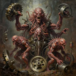 oil painting horrific macerated epic tiered panulirus ornatus weaponized grotesques throwing main gear bay equipment, dystopian hell, cinematic, fine art, wayne d barlowe masterpiece, hyper detailed by shigeru komatsuzaki
