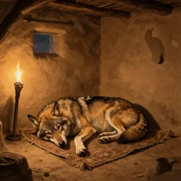 medieum shot of a warg wolf sleeping on a mat in a corner of a adobe house, torchlit, concept art by marc simonetti and christophe vacher, trending on artstation