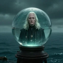 a floating crystal ball full of lord voldemort. above an ocean view.