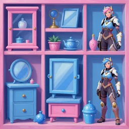 game asset of the sims library furniture and decor, in gouache detailed paintings, props, stylized, 2 d sprites, kitbash, arcane, overwatch, blue and pink color scheme, 8 k, close up