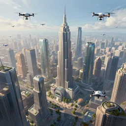 highly detailed digital painting of a futuristic city with flying drones everywhere