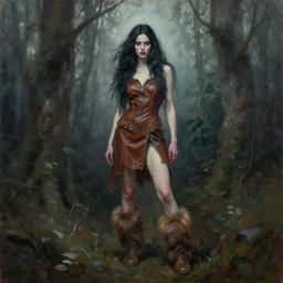 highly detailed expressionist oil painting savage woman, clothed in brown leather, fur boots, long hair, unwordly, beautiful, ghostly forest, by sam spratt