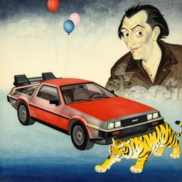 a red delorean and a yellow tiger, painting by hsiao - ron cheng, utagawa kunisada & salvador dali, magazine collage style, clouds, water, baloons, trees,
