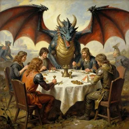 dragons, no humans, sitting around a table playing dnd, painting by brothers hildebrandt