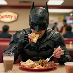 A still of Ben Affleck's Batman eating at Denny's, 4k, photograph, ultra realistic, highly detailed, studio lighting