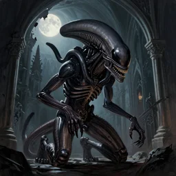 gothic painting xenomorph!!!! from alien 1 9 7 9!! crouching inside of a cathedral at night, moonlight coming through a hole and landing on the creature, digital painting, illustration, amazing value control, frank frazetta, dramatic lighting, muted colors, focused light, dark colors, in the style of resident evil