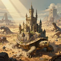 large fantasy castle sitting on the top of a giant tortoise, stomping through a harsh wasteland with sharp rays of sunlight, howls moving castle, mortal engines, kaiju, distant - mid - shot, isometric angle, fantasy, hyper detailed, 4 k
