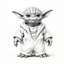full body black and white pencil sketch of a muscular Yoda