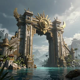 an intricate concept art of a large structure tribal gate in a lagoon, artstation, sci - fi, hyper realistic, concept art, art by dylan cole, cinematic lighting, octane render