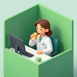 am impressionist painting of a cute brown haired female doctor sitting behind a desk in a square green cubicle, sipping juice from an orange juice box, wearing a white coat. in isometric perspective, Rendered with unreal enginer, 8k resolution, ultra hd.