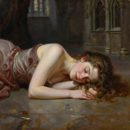 full - bodied portait of elegant and beautiful sleeping girl, with joyful expression, sleep on the mable floor in the gothic castle, oil painting, high qulity realistic, hd, 8 k, art by evan wilson