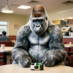 big silverbaaack gorilla in cafeteria lunchroom, indoor lighting, 3 5 mm disposable camera