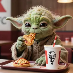 A still of Yoda eating at KFC, 4k, photograph, ultra realistic, highly detailed, professional lighting