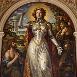 beautifully painted mural of a stunning young cyborg muse in ornate royal gown, piercing glowing eyes, sci fi scenery, vogue cover poses, mural in the style of sandro botticelli, caravaggio, albrecth durer