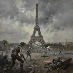 grim oil painting of weaponized futuristic battlefield in front of the eiffel tower magali villeneuve, trending on artstation