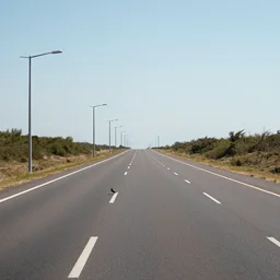 endless highway with lighpoles in the distance, bird sitting on the road