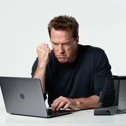 arnold schwarzenegger as conan the barbarian, working a desk job, sitting at a desk, angry, frustrated at his laptop screen, laptop trouble, technical difficulties, crisp lighting, studio lighting
