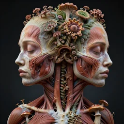 a beautiful detailed photo of a rotten woman corpse portrait open in two sides morphing into fractal plants and fractal flowers and mushrooms, muscles, veins, anatomical, intricate, ornate, volumetric light, beautiful lit, romero ressendi