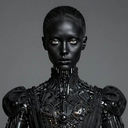 portrait of a singular one black makeup robot, perfect symmetrical pose, beautiful eyes, perfect face, sharp, by irakli nadar with intricate detailed wearing victorian dress, by leesha hannigan, iris van herpen, artstation, cgsociety, wlop, epic, wow factor, much detail, gorgeous, detailed, masterpiece