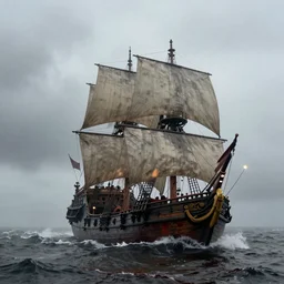 A pirate ship sailing through a sea of blood, detailed, cloudy, foggy, lights, realistic,