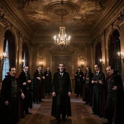 A room full of vampires, high ceiling, victorian, soft light, ominous, photorealistic, detailed, 8k