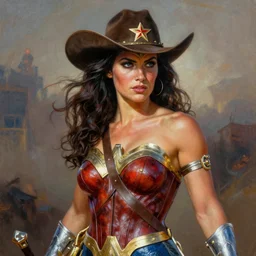 ultra realistic portrait painting of wonder woman as a western outlaw, art by frank frazetta, 4 k, ultra realistic, highly detailed, epic lighting.