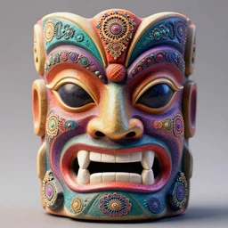 close - up symmetrical tiki mask, colorful, psychedelic, fine mandelbrot fractal lace, 1 5 0 mm, soft rim light, elegant, hyper real, ultra detailed, octane render, hg giger, 1 6 k