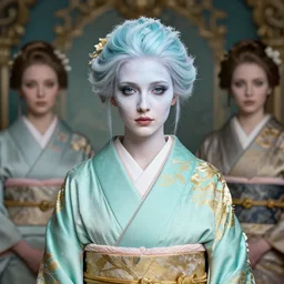 dreamlike luxury stunning mad fairy portrait, pale turquoise and gold kimono, art by artgerm, wlop, loish, ilya kuvshinov, 8 k hyperrealistic, hyperdetailed, beautiful lighting, detailed background, depth of field, symmetrical face, frostbite 3 engine, cryengine,