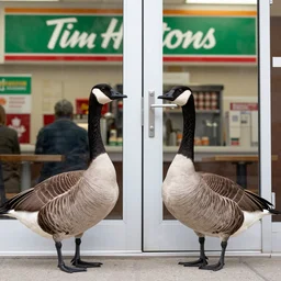 polite canadian geese in a standoff holding the door for each other at tim hortons, ap news photograph