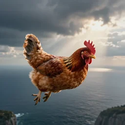 chicken humanoid with a headache, on a flight over the sea