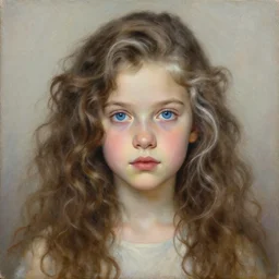 portrait of a 6 5 years old woman with long curly brown and white hair and blue eyes, beautiful painting by artgerm and greg rutkowski