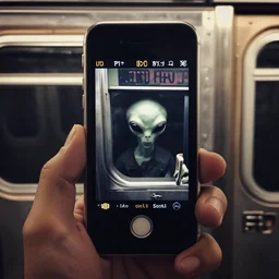 a cellphone photo catching a glimpse of a small alien creature in a new york city subway, gloomy, grainy